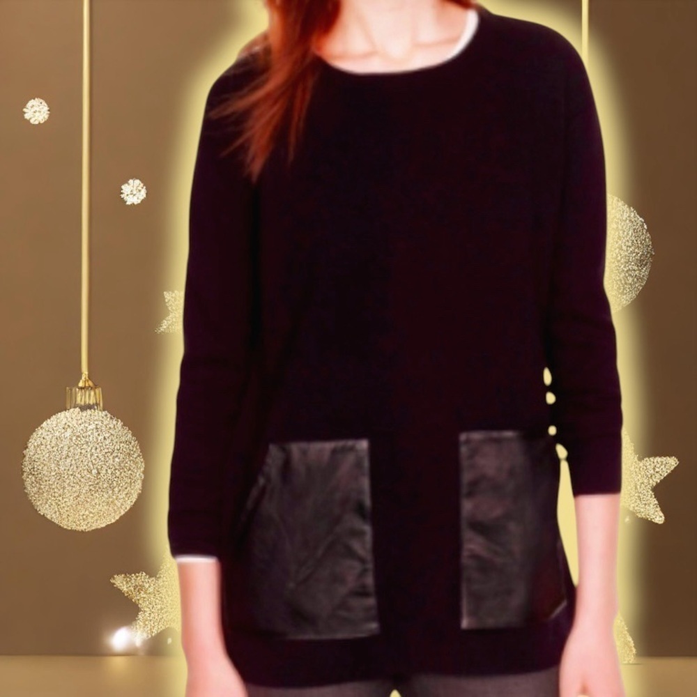 NWOT J. Crew Black ‘100% Merino Wool & Genuine Leather Pocket Sweater’ Size XS